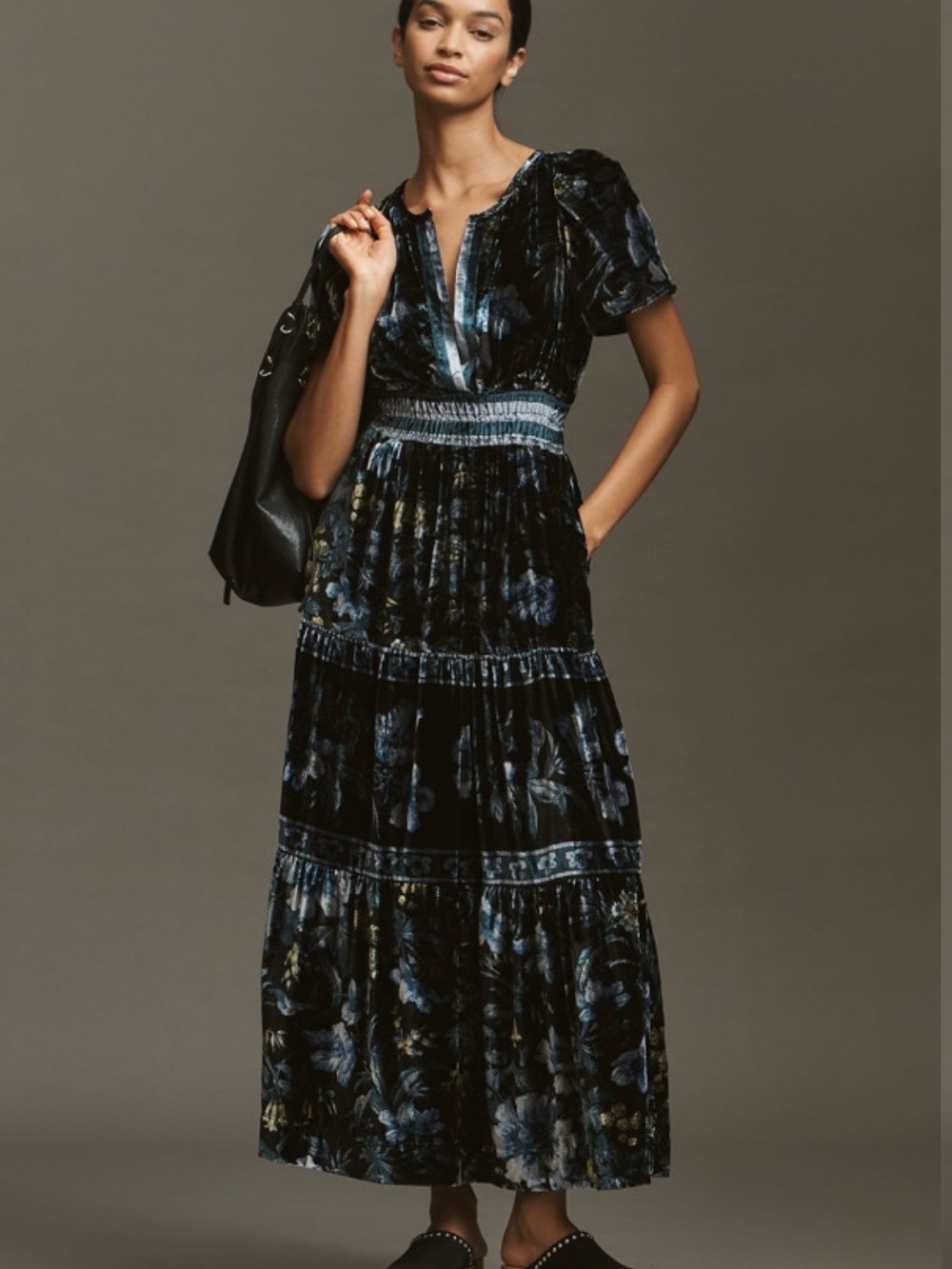 Anthropologie Black and Blue Velvet Floral Tiered Somerset Maxi Dress